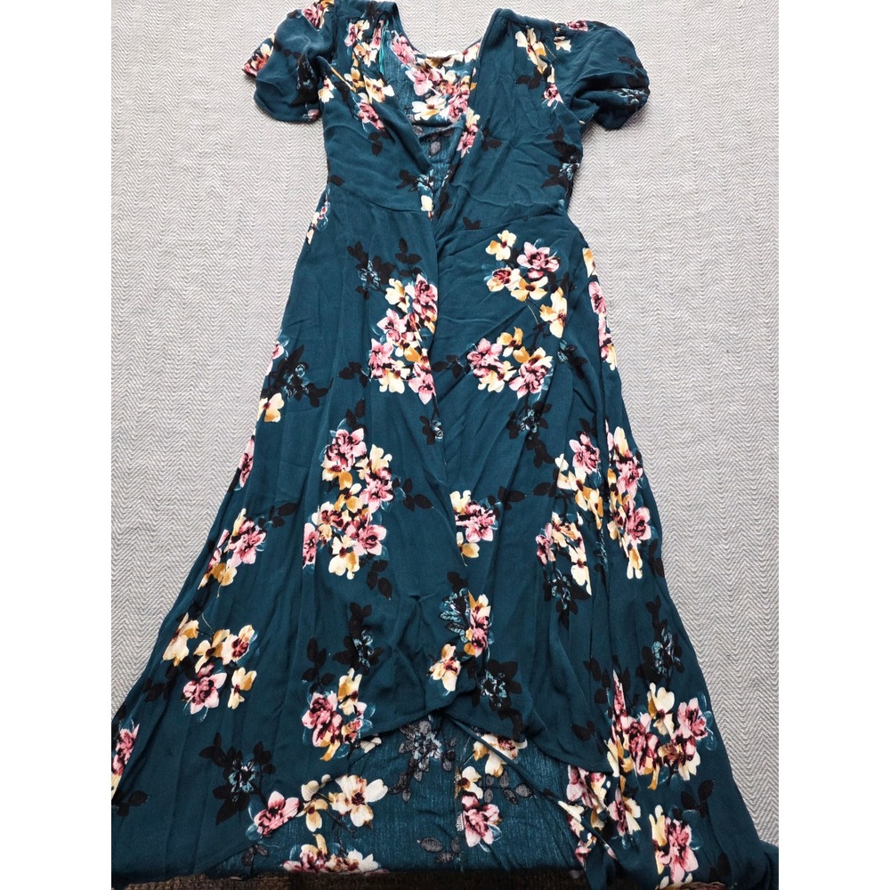 Cotton Candy Teal Floral Wrap Maxi Dress Short Flutter Sleeve High-Low Hem Small
